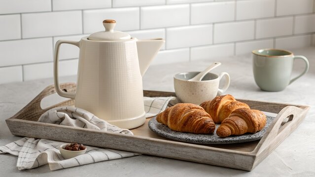 Plain Ceramic Teapot Centered on Breakfast Tray