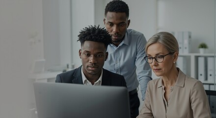 Three professionals collaborating on computer in modern office setting  