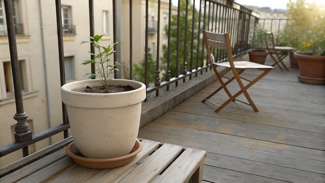 Simple Ceramic Plant Pot on Balcony Floor with View