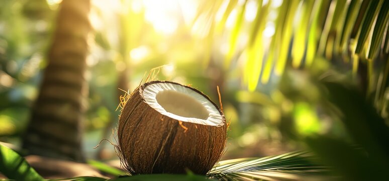 Tropical Coconut Delight: A Half-Opened Coconut Resting on Lush Palm Fronds in a Sunny Tropical Paradise