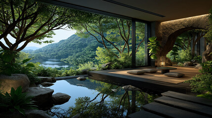 Zen Oasis: Serene indoor retreat with scenic nature view, offering a tranquil escape into peace and harmony. The image blends nature's freshness with the peacefulness.