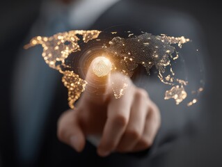 A finger touches a glowing, holographic world map, depicting global connectivity and data access
