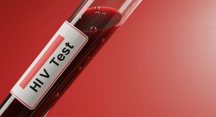 HIV test tube filled with blood on red background  