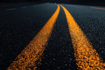 Dark asphalt road with two bright yellow lines converging at a distant vanishing point under a night sky