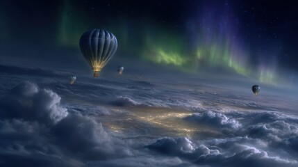 A group of hot air balloons are floating in the sky above a city