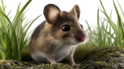 A small brown and white mouse is standing on a patch of grass