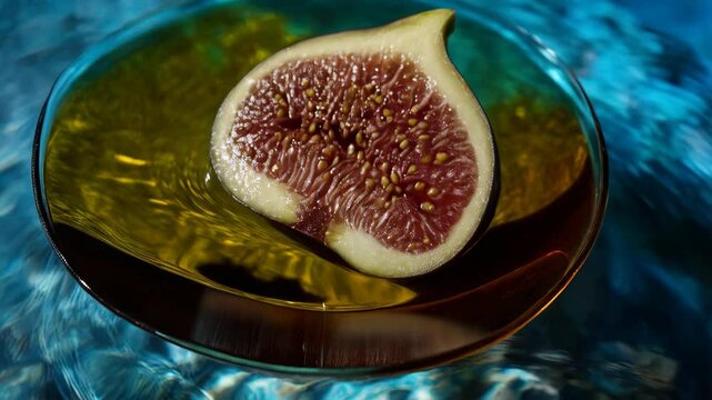 Sliced fig in transparent glass bowl filled with liquid set against a textured blue surface creating visual depth
