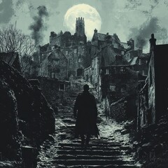 Man Walking Toward Castle Under Moonlight Fantasy Dark Urban Landscape