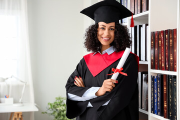 Pretty African-American female graduate with diploma near bookshelves in library