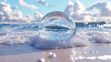 Glass Orb Reflecting Ocean Waves on Sandy Beach with Cloudy Sky