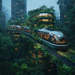 Futuristic Train Journey Through Lush Green City Landscape