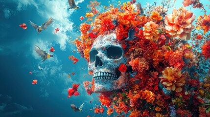 Ornate Skull Surrounded by Flowers and Birds Against a Sky Background