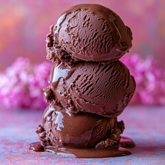 Delicious Stack of Chocolate Ice Cream Scoops with Dripping Sauce
