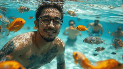 Smiling Man Swimming Underwater with Tropical Fish in Crystal Clear Water