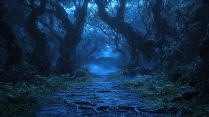 Mysterious Forest Path Leading to Ancient Structure in the Mist