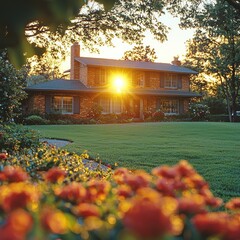 Charming Brick Home at Sunset with Flowers and Manicured Lawn