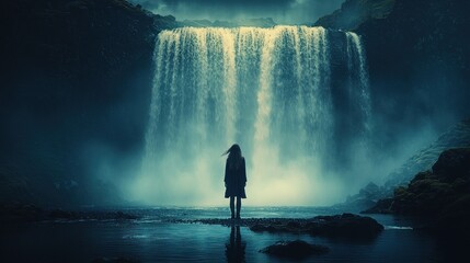 Woman Standing Before Majestic Waterfall in a Mystical Natural Landscape