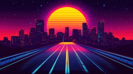 Retro Cityscape at Sunset with Glowing Road and Neon Architecture