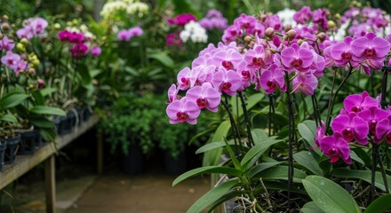 Vibrant Orchid Greenhouse: A Serene Display of Pink and Purple Blooms