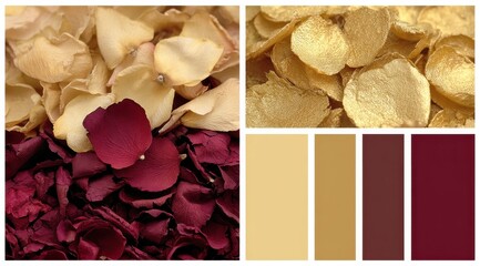 Collage of dried rose petals in pale yellow and deep burgundy, with a corresponding color palette