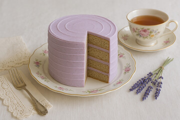Flatlay front view of a Lavender Earl Grey Layer Cake placed elegantly on a vintage floral porcelain cake plate. The cake features delicate lavender-colored buttercream and visible layers 