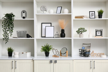 Shelf unit with stylish decor, plants and frames in room