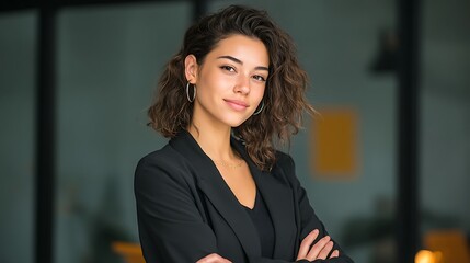 Fototapeta premium Successful businesswoman in black suit smiling in modern office