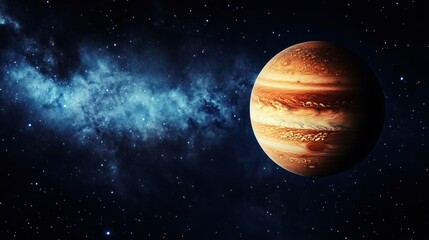 Jupiter Planet View in Space with Stars and Nebula Background