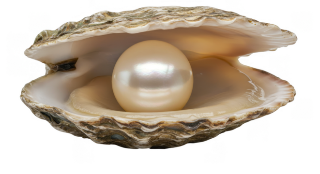 Isolated Photo of a Pearl Inside an Open Oyster Shell on Transparent Background