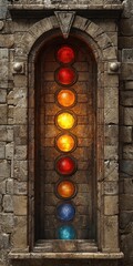 Colorful Spheres in Stone Archway with Ornate Medieval Design