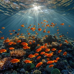 Vibrant Coral Reef with Schooling Fish Underwater Sunlight