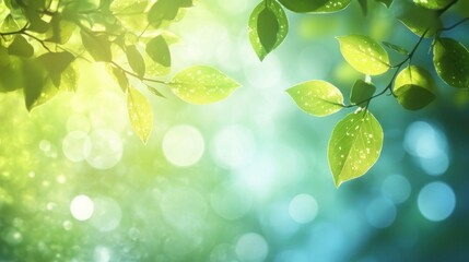 Fresh Green Leaves and Bokeh Lights Creating a Natural Spring Background