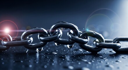 Close-up of wet metallic chain links with water droplets on reflective surface