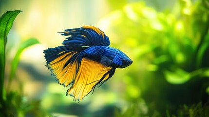 Swimming Betta Fish with Vibrant Blue and Yellow Fins in Aquarium