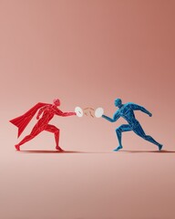 Abstract Red and Blue Superheroes Clash on Pink Background