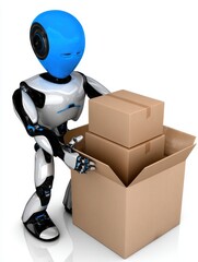 Blue Robot Packing Cardboard Boxes in 3D Render