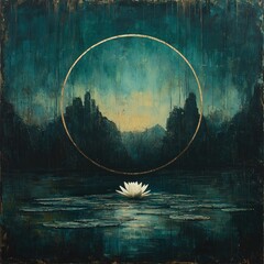 Abstract Lake Painting with Lily Pad and Golden Circle Illustration