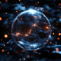 Glowing Abstract Sphere with Connected Lines and Particles on Dark Background