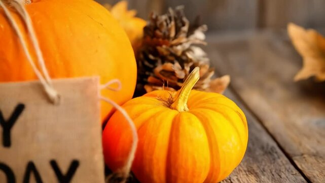 Festive autumn pumpkins with burlap sign wishing happy birthday on weathered wooden planks, seasonal celebration and decoration concept