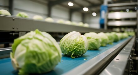 Fresh green cabbage heads moving on conveyor belt inside modern processing facility