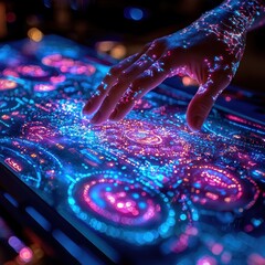Hand Interacting with a Futuristic Touch Screen Display with Glowing Patterns