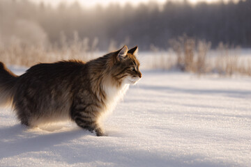 a cat walking in the snow in the woods