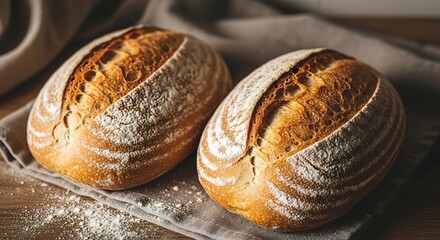 Two freshly baked artisan sourdough bread loaves with crusty texture on cloth