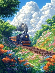 Steam Train Journey Through Pixel Art Flower Meadow and Lush Greenery