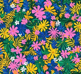 Vibrant floral pattern with bold colors and tropical motifs