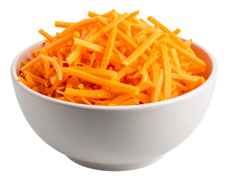 Fresh shredded carrots wooden in bowl isolated on transparent background