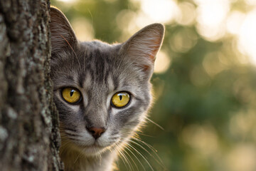 a cat with yellow eyes peeking out of a tree