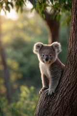 Obraz premium A baby koala clings to a tree in a sunlit forest during morning hours, evoking a sense of tranquility and nature.