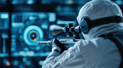 A person in tactical gear aims a sniper rifle at a digital target on a futuristic screen filled with blue data displays.