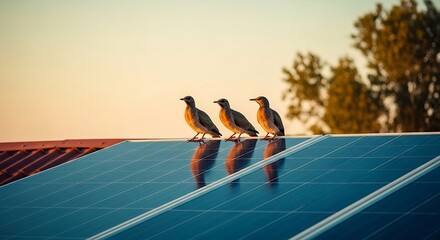 Three small birds perched on reflective solar panel at sunset with tree background